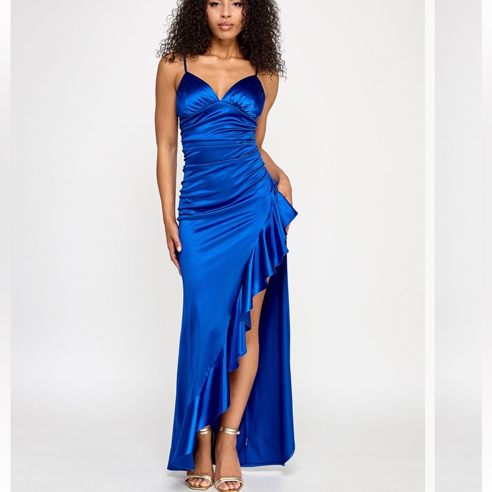 Katia Rae-Juniors Asymmetrical Royal Blue Dress Sateen Ruffled Silk Gown NWT M